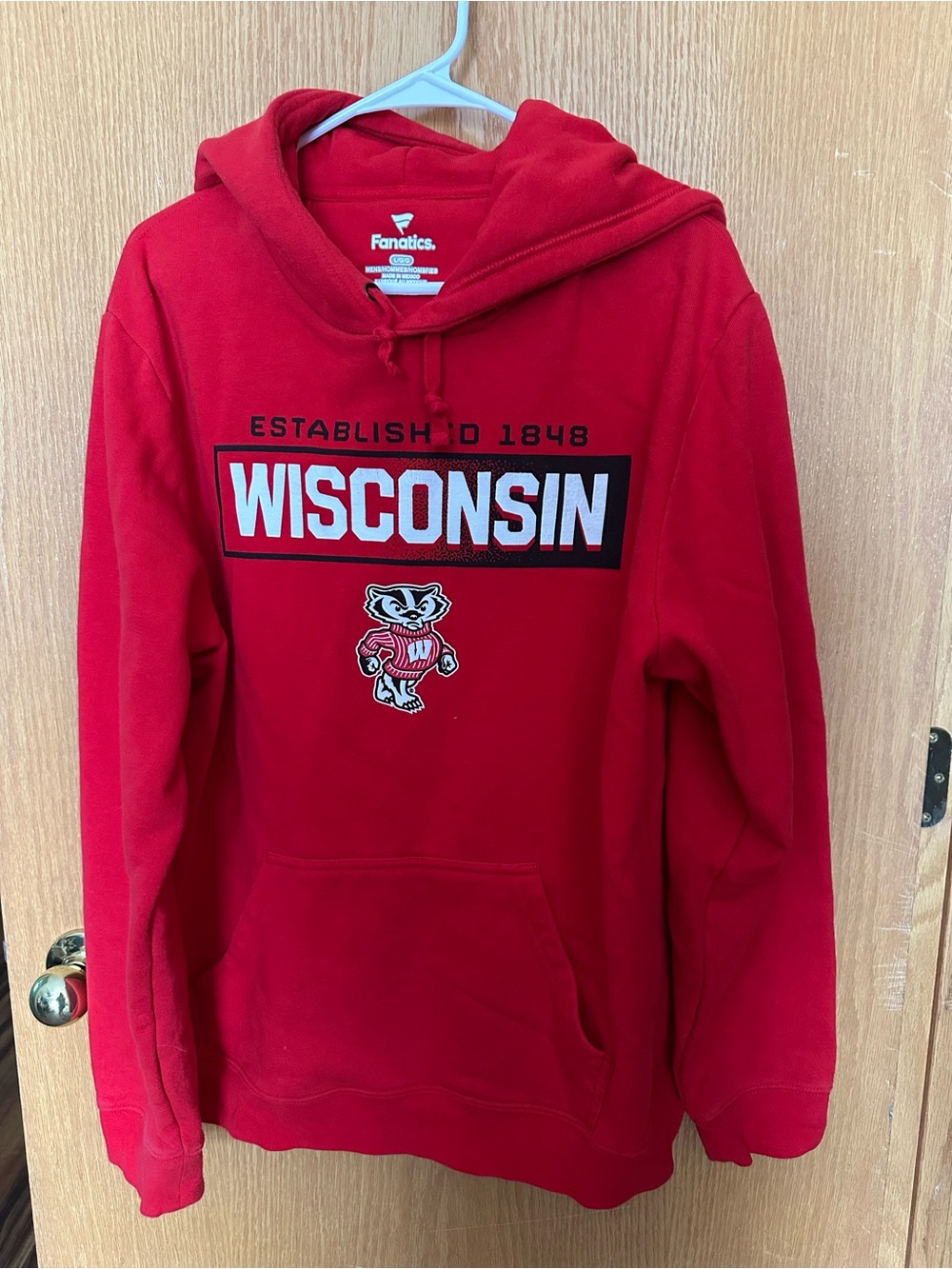 Fanatics Red Wisconsin Crewneck Hoodie with Mascot Graphic
